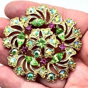 Weiss Womens Brooch Pin Gold Tone Metal Glass Rhinestone Pink Green Vintage